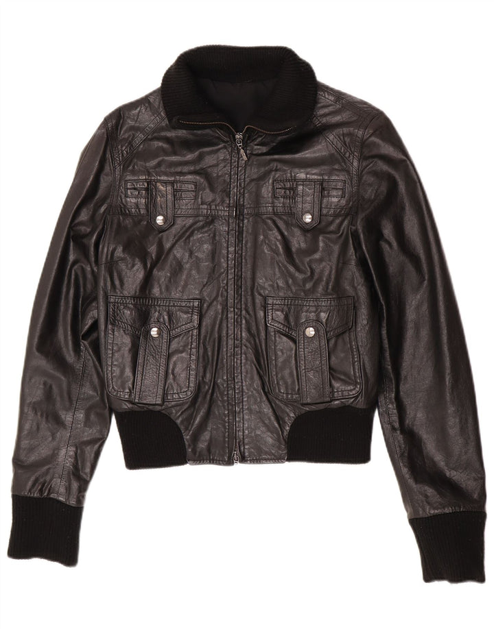 Vintage Womens Leather Bomber Jacket IT 44 Medium Black Leather