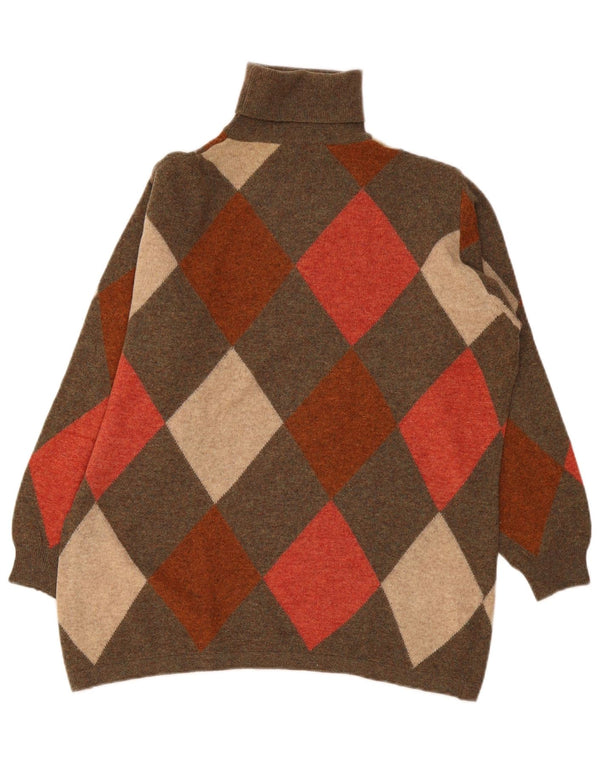 Vintage Womens Roll Neck Jumper Sweater UK 18 XL Brown Argyle/Diamond