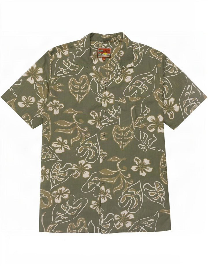 Mc Panthon Mens Short Sleeve Shirt Size 41/42 Large Green Floral Polyester