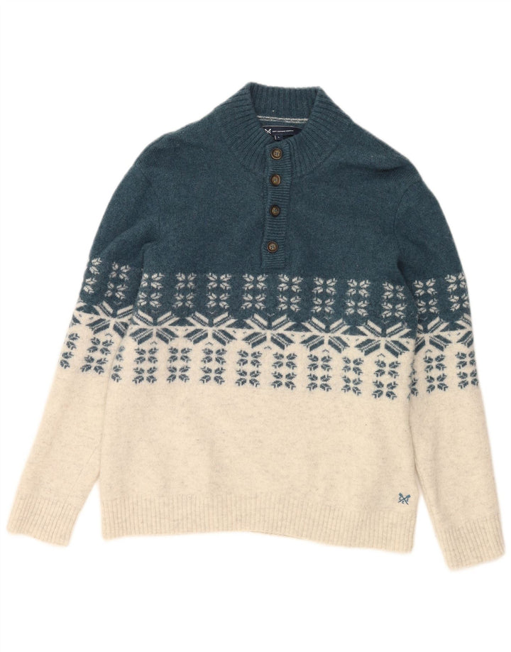 CREW CLOTHING Mens Button Neck Jumper Sweater Large Blue Fair Isle