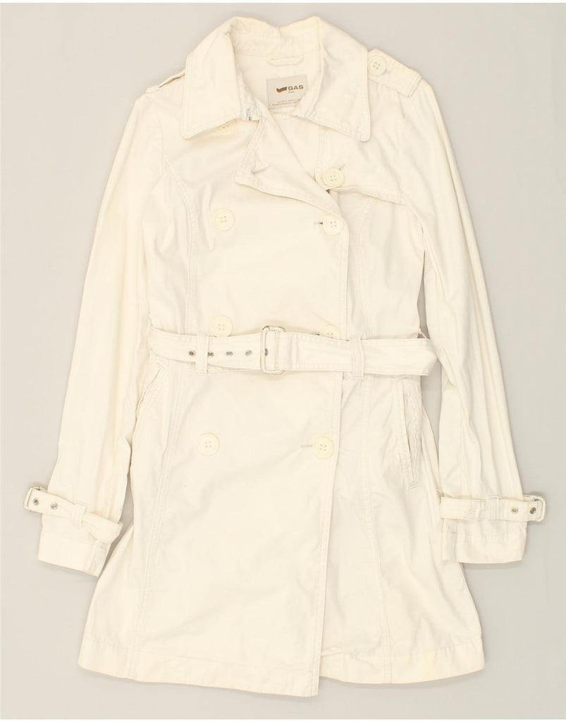 GAS Womens Double Breasted Trench Coat UK 8 Small Off White Cotton | Vintage Gas | Thrift | Second-Hand Gas | Used Clothing | Messina Hembry 