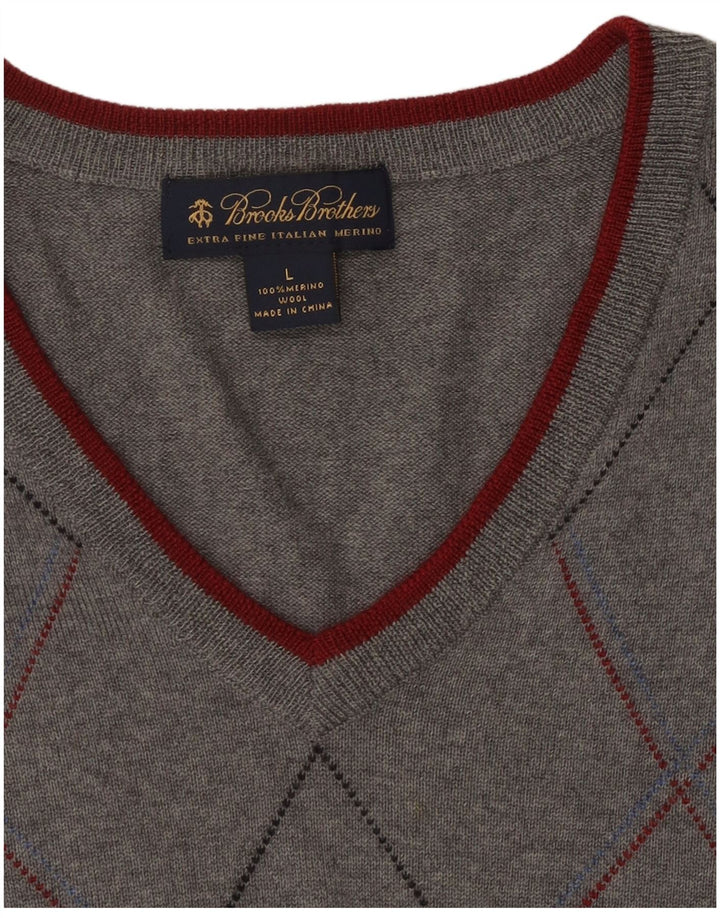 BROOKS BROTHERS Mens V-Neck Jumper Sweater Large Grey Argyle/Diamond