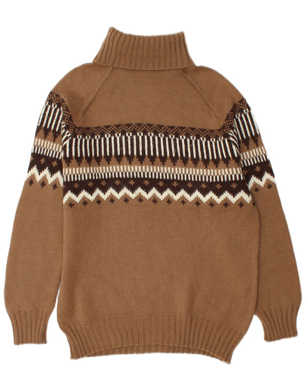 Vintage Mens Roll Neck Jumper Sweater Medium Brown Fair Isle Wool
