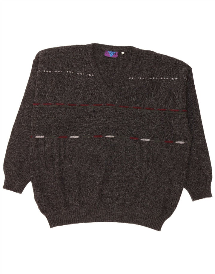 VINTAGE Mens V-Neck Jumper Sweater IT 56 XL Grey Acrylic
