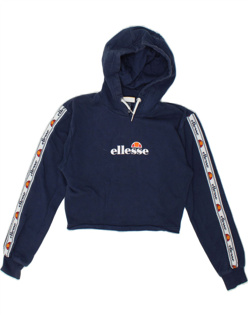 ELLESSE Womens Graphic Crop Hoodie Jumper UK 6 XS Navy Blue Cotton | Vintage Ellesse | Thrift | Second-Hand Ellesse | Used Clothing | Messina Hembry 