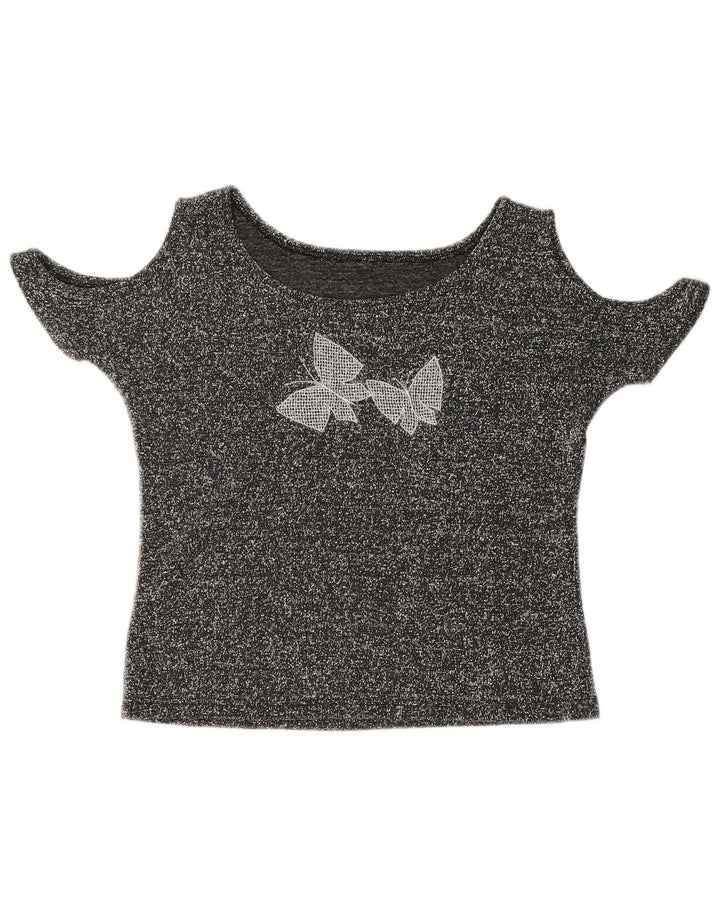 VINTAGE Womens Crop Off Shoulder Top UK 12 Medium Grey Flecked Butterfly