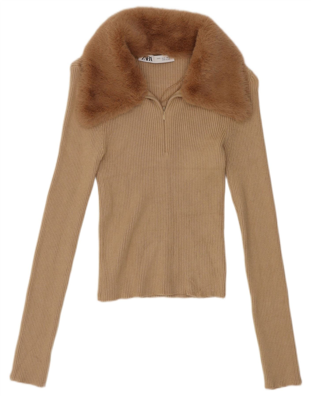 Zara Womens Crop Top Long Sleeve UK 8 Small Beige
