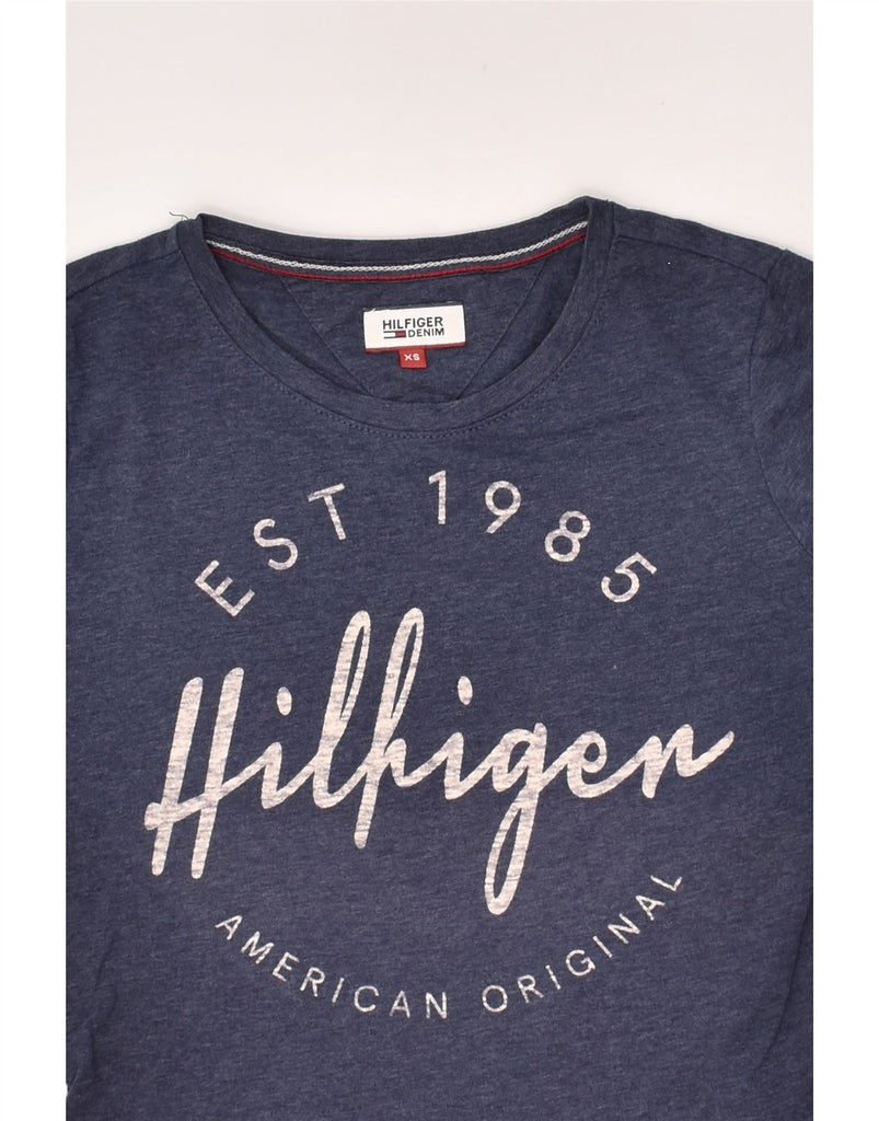 TOMMY HILFIGER Womens Graphic Top Long Sleeve UK 6 XS Navy Blue Cotton | Vintage Tommy Hilfiger | Thrift | Second-Hand Tommy Hilfiger | Used Clothing | Messina Hembry 