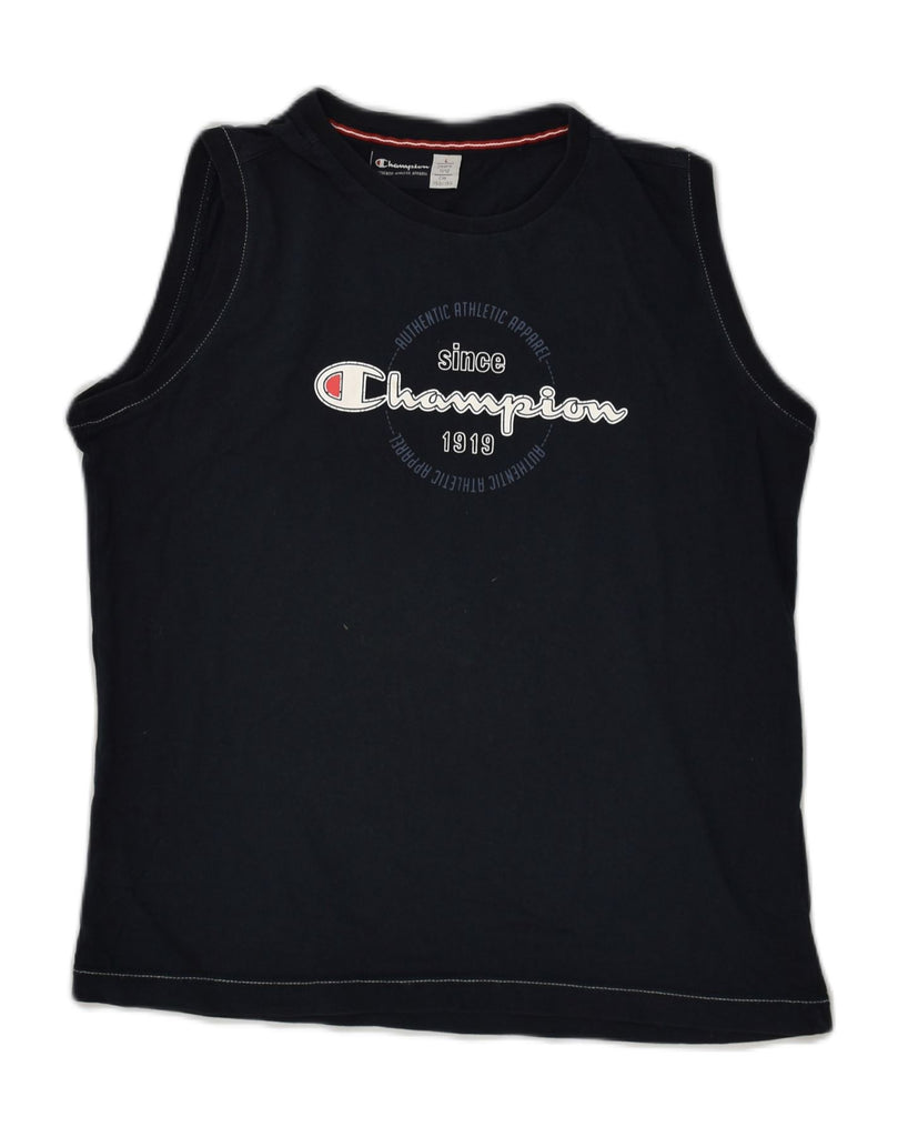 CHAMPION Boys Graphic Vest Top 11-12 Years Large  Navy Blue Cotton | Vintage Champion | Thrift | Second-Hand Champion | Used Clothing | Messina Hembry 