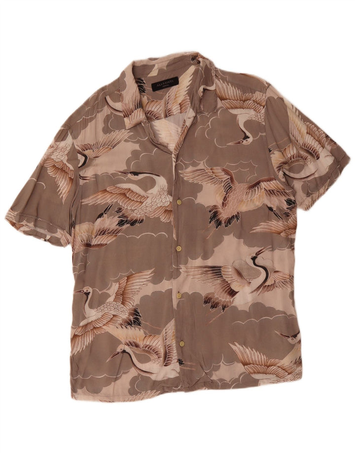 All Saints Mens Short Sleeve Shirt Medium Grey Animal Print Viscose Bird