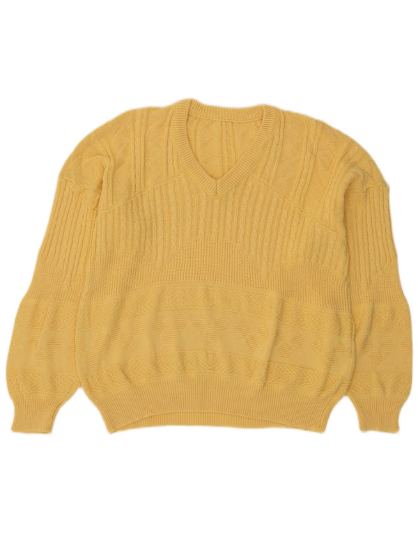 Vintage Womens Oversized V-Neck Jumper Sweater UK 14 Medium Yellow Cotton