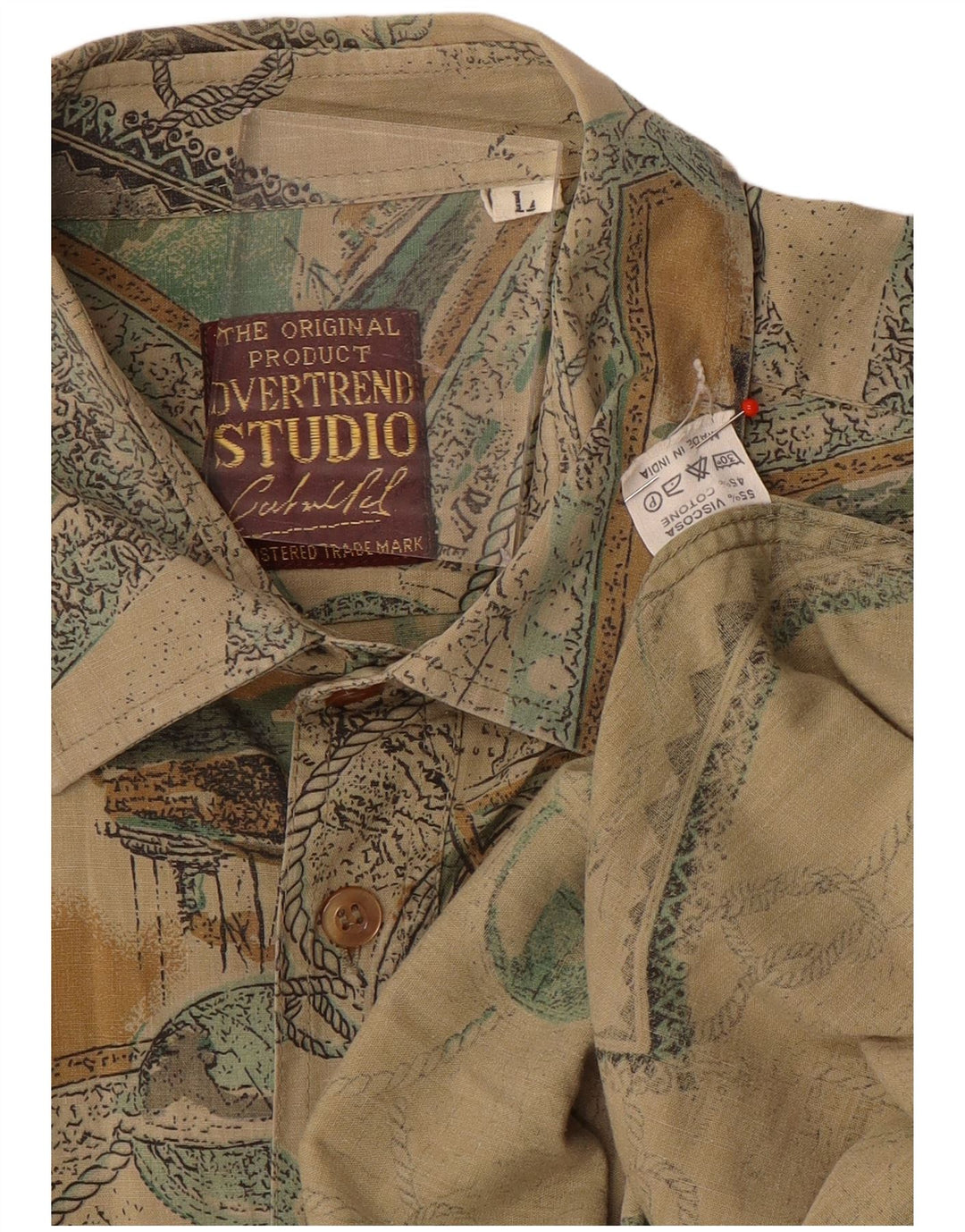 Studio Mens Graphic Short Sleeve Shirt Large Beige Patchwork Viscose