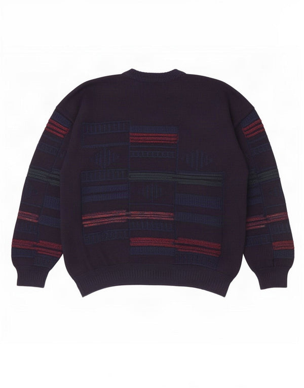 Vintage Mens Crew Neck Jumper Sweater Large Navy Blue Geometric