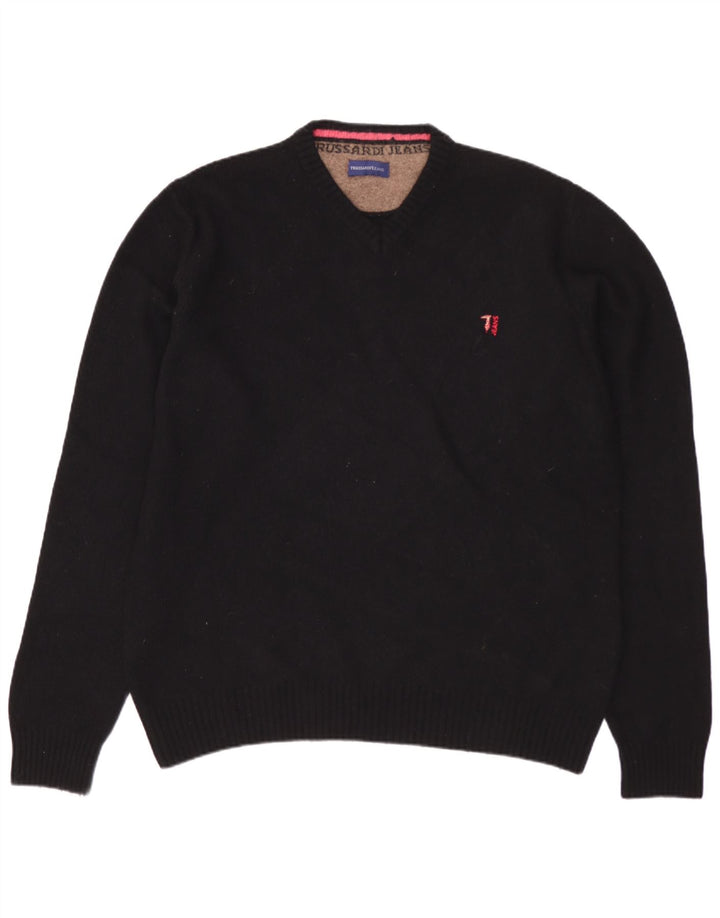 TRUSSARDI JEANS Mens V-Neck Jumper Sweater Large Black Wool