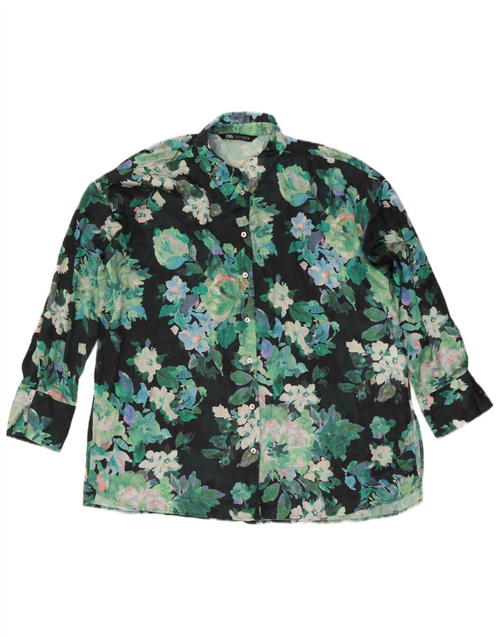 Zara Womens Oversized Shirt Blouse UK 16 Large Green Floral Polyester