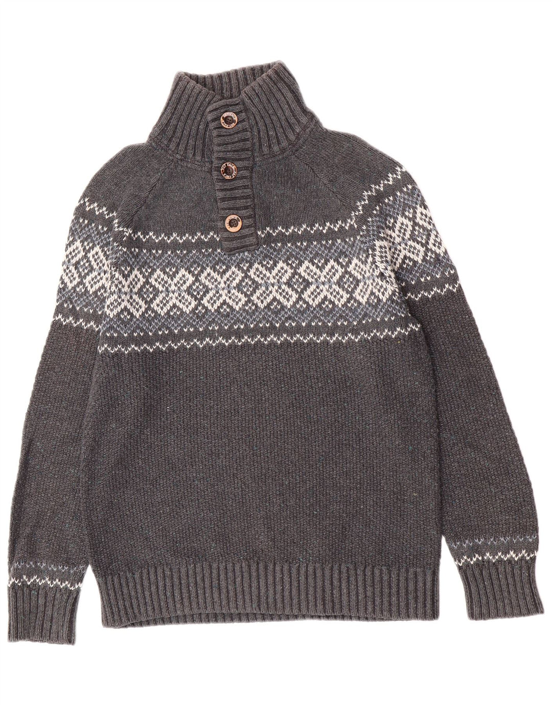 Fat Face Mens Button Neck Jumper Sweater Medium Grey Fair Isle Classic