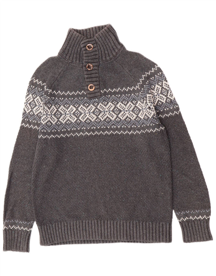 Fat Face Mens Button Neck Jumper Sweater Medium Grey Fair Isle Classic