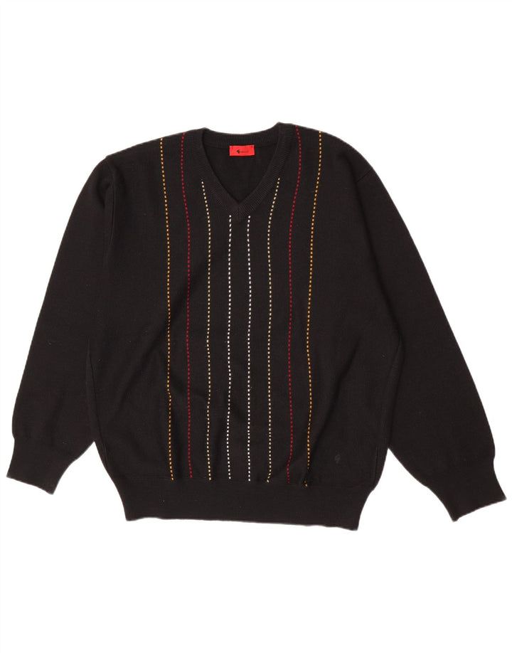 Gabicci Mens V-Neck Jumper Sweater XL Black Striped Wool
