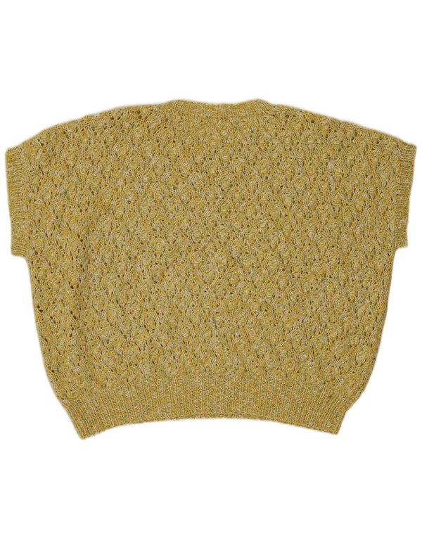 Vintage Womens Crop Boat Neck Jumper Sweater UK 18 XL Yellow Flecked