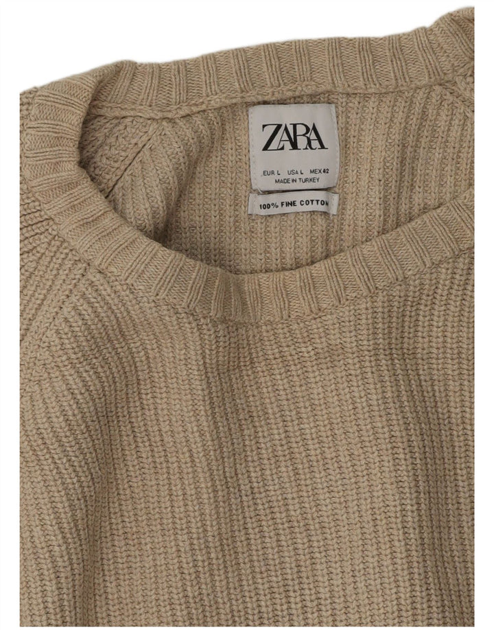 Zara Womens Crew Neck Jumper Sweater Large Beige Cotton