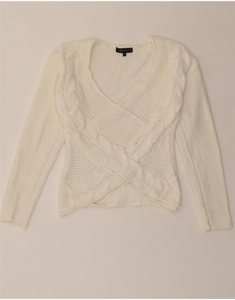 PASSPORTS Womens Crop V-Neck Jumper Sweater EU 36 Small Off White Acrylic Vintage Passports and Second-Hand Passports from Messina Hembry 