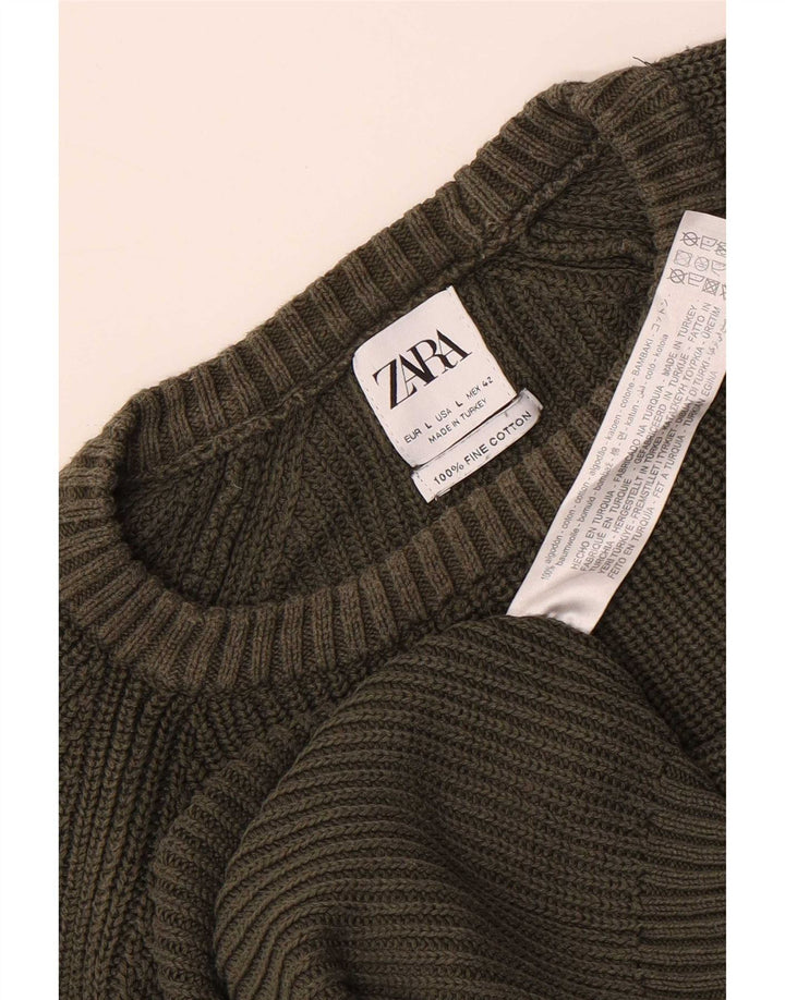 Zara Mens Crew Neck Jumper Sweater Large Green Cotton