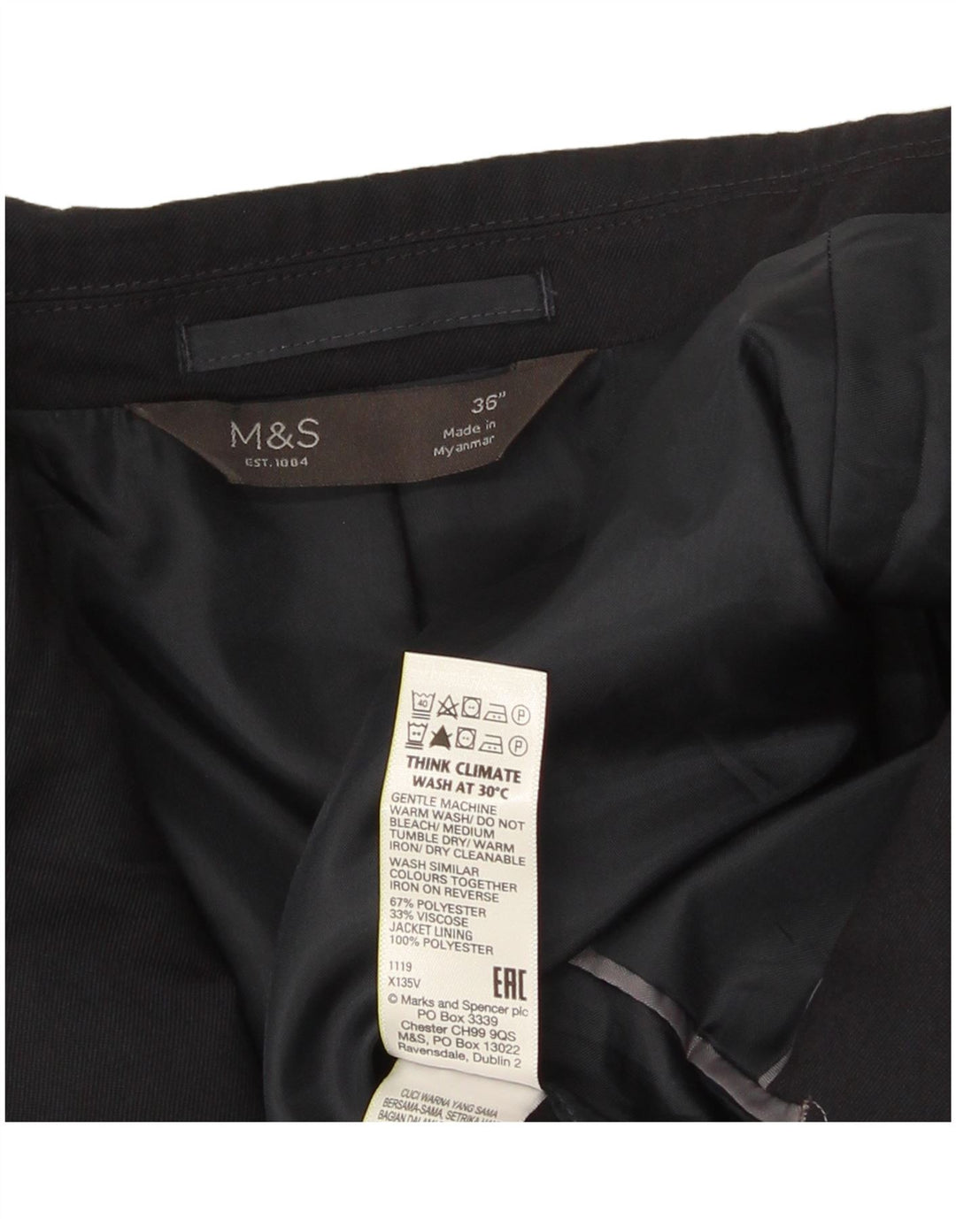 Marks & Spencer Mens 2 Button Blazer Jacket UK 36 Small Navy Blue Polyester