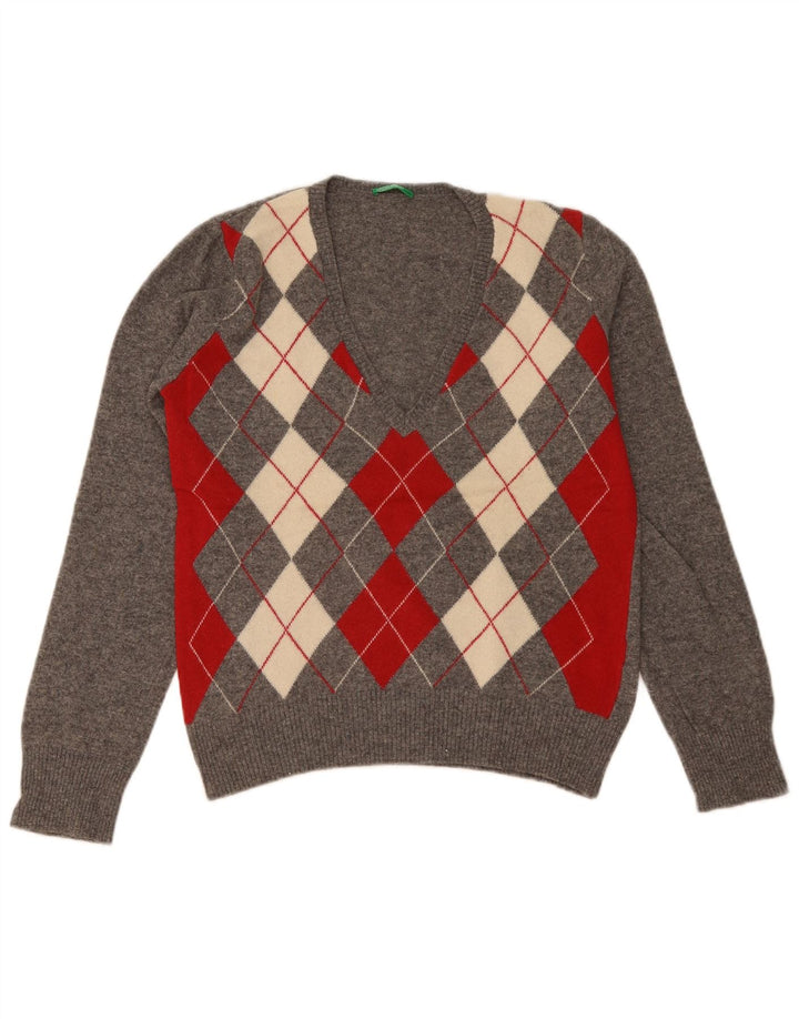 Benetton Womens V-Neck Jumper Sweater UK 14 Large Grey Argyle/Diamond Wool