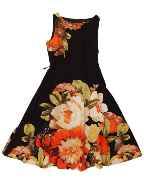 Debenhams Womens Sleeveless A-Line Dress UK 12 Medium Black Floral Cotton