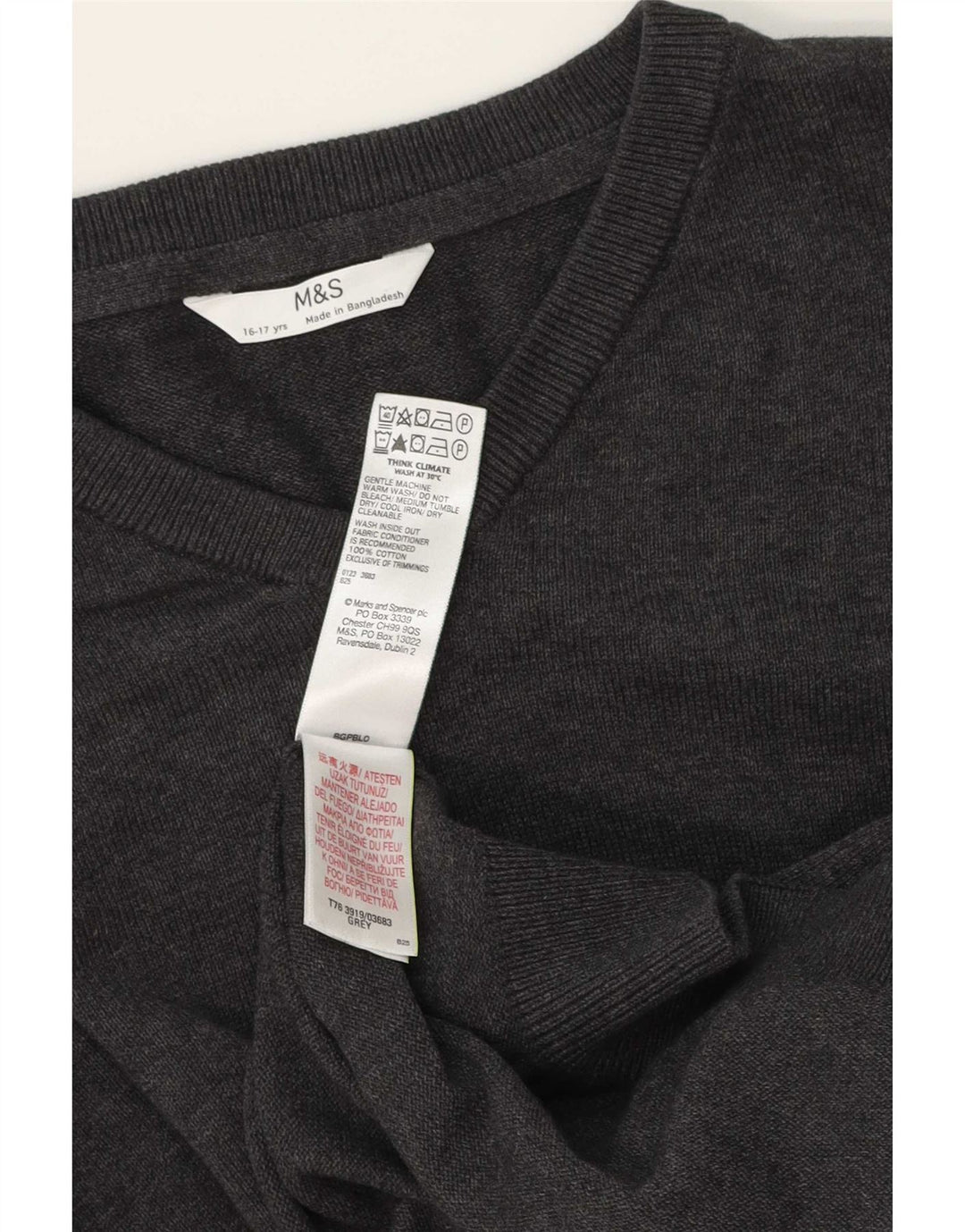 Marks & Spencer Boys V-Neck Jumper Sweater 15-16 Years Grey Cotton