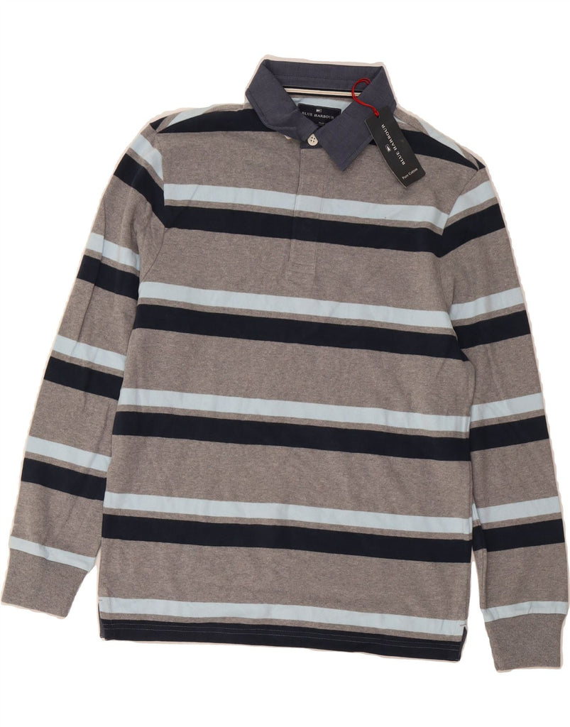 BLUE HARBOUR Mens Long Sleeve Polo Shirt Small Grey Striped Cotton Vintage Blue Harbour and Second-Hand Blue Harbour from Messina Hembry 