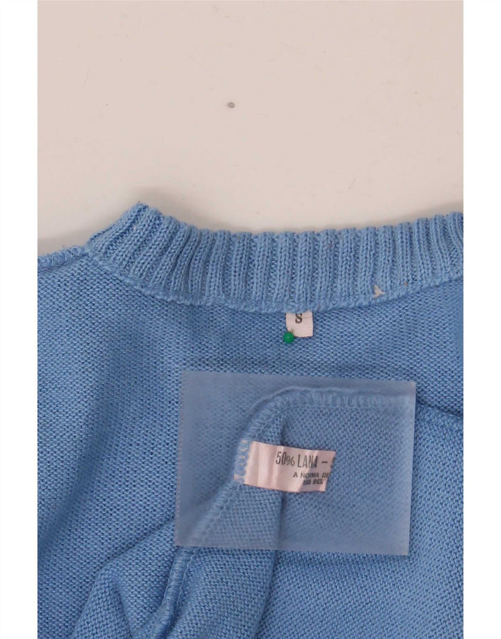 Vintage Mens Crew Neck Jumper Sweater Small Blue Geometric Wool