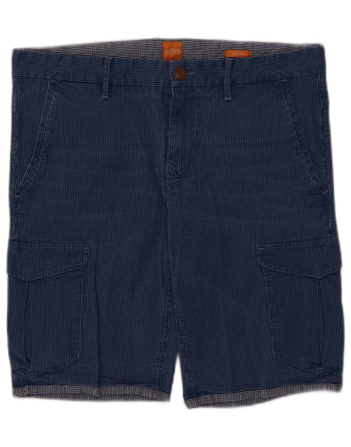 Hugo Boss Mens Cargo Shorts EU 48 Medium W34 Blue Gingham Cotton