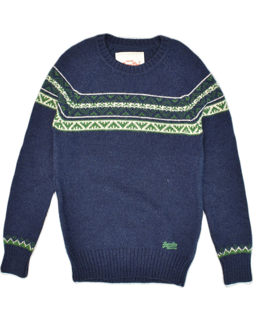 SUPERDRY Mens Crew Neck Jumper Sweater Small Navy Blue Fair Isle Acrylic | Vintage Superdry | Thrift | Second-Hand Superdry | Used Clothing | Messina Hembry 