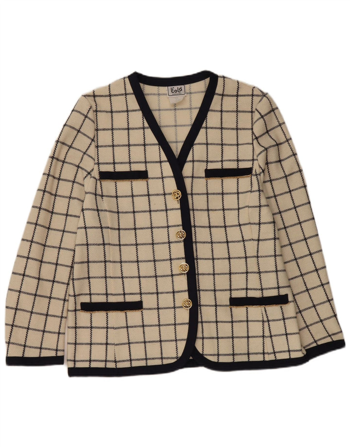 Liola Womens Knit 4 Button Blazer Jacket UK 14 lARGE Beige Check Wool