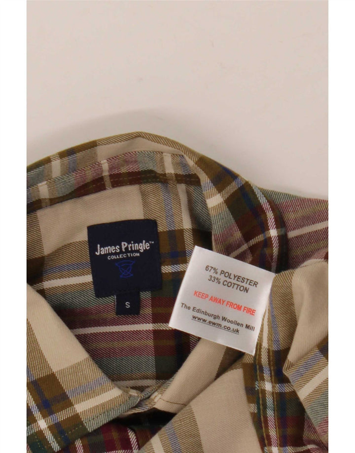 James Pringle Mens Flannel Shirt Small Beige Plaid Polyester