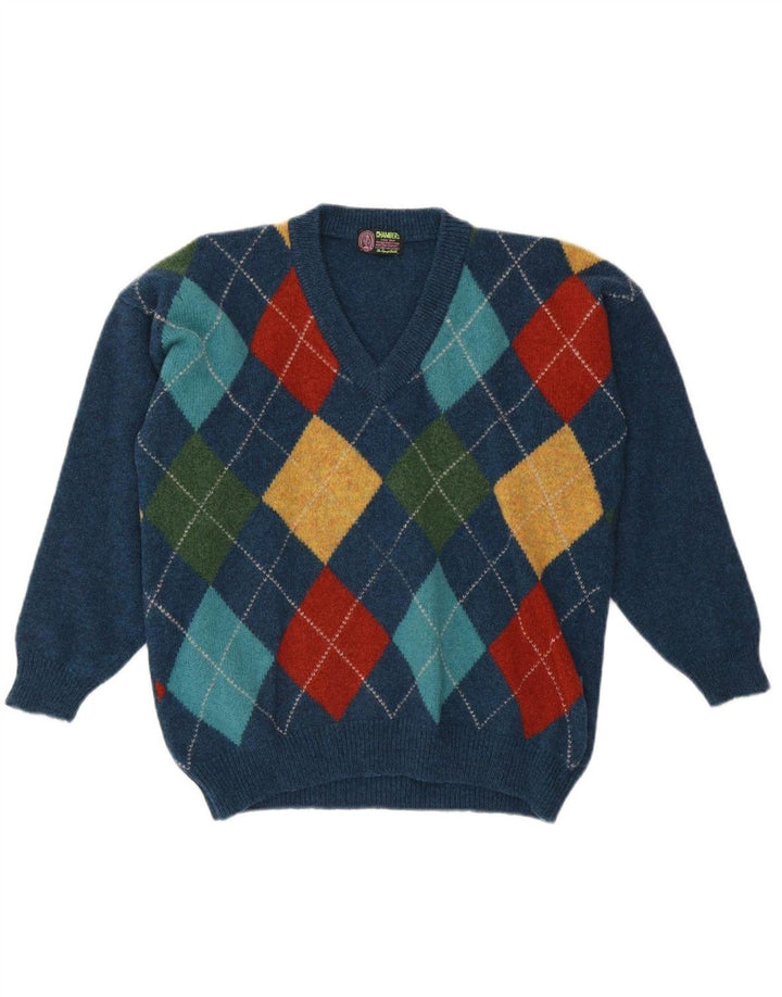 CHAMBERS Womens V-Neck Jumper Sweater UK 16 Large Blue Argyle/Diamond