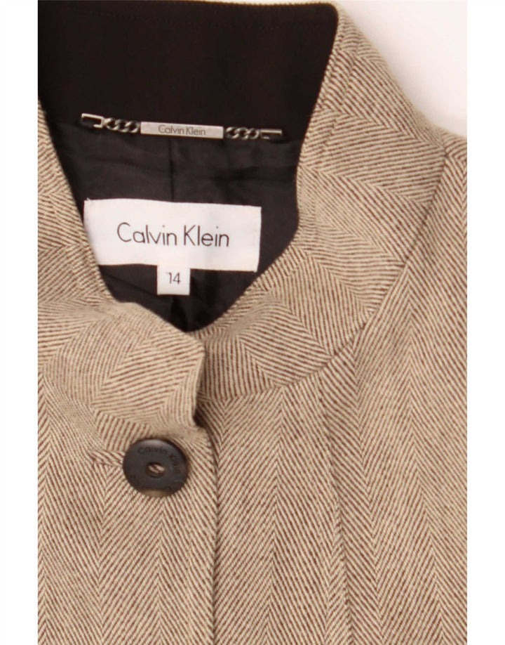 Calvin Klein Womens 5 Button Blazer Jacket US 14 XL Beige Herringbone Rayon