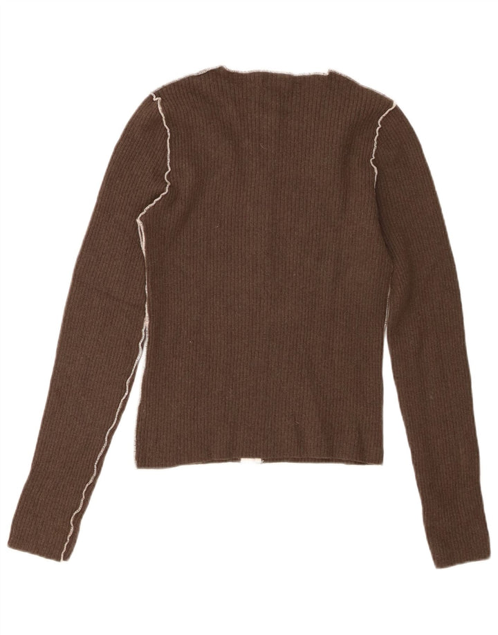 Zara Womens Full Zip Cardigan Sweater UK 12 Medium Brown Wool