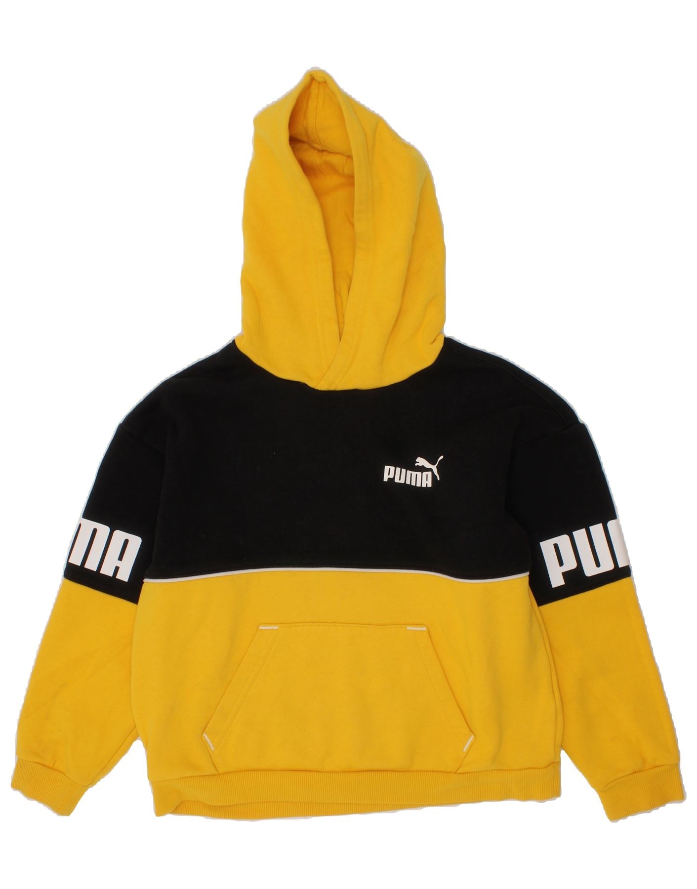 PUMA Boys Graphic Hoodie Jumper 7-8 Years Yellow Colourblock | Vintage \u0026  Second-Hand Clothing Online | Messina Hembry