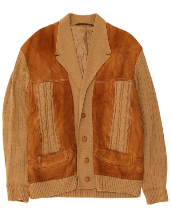 Vintage Mens Suede Cardigan Sweater Small Brown