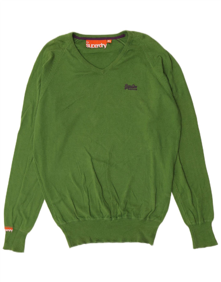 Superdry Mens V-Neck Jumper Sweater XL Green Cotton