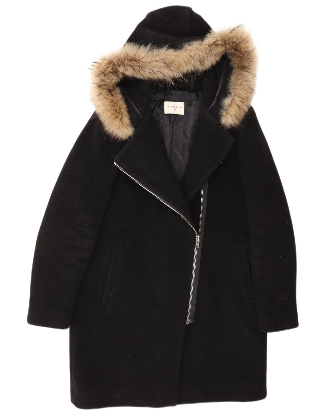 SANDRO Womens Hooded Overcoat EU 40 Medium Black Wool