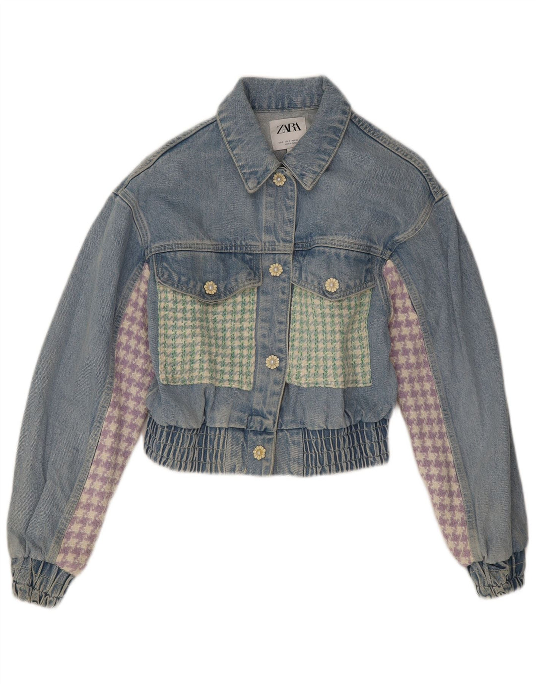Zara Womens Crop Denim Jacket UK 10 Small Blue Patchwork