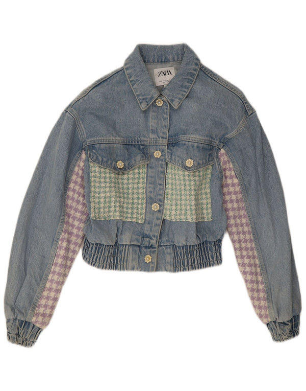 Zara Womens Crop Denim Jacket UK 10 Small Blue Patchwork