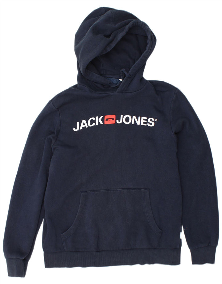 JACK & JONES Mens Graphic Hoodie Jumper Medium Navy Blue Cotton