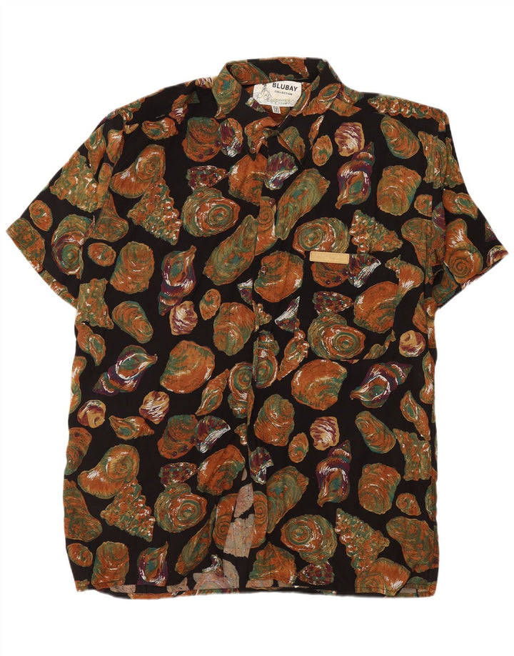 Vintage Mens Abstract Pattern Short Sleeve Shirt Medium Black Viscose