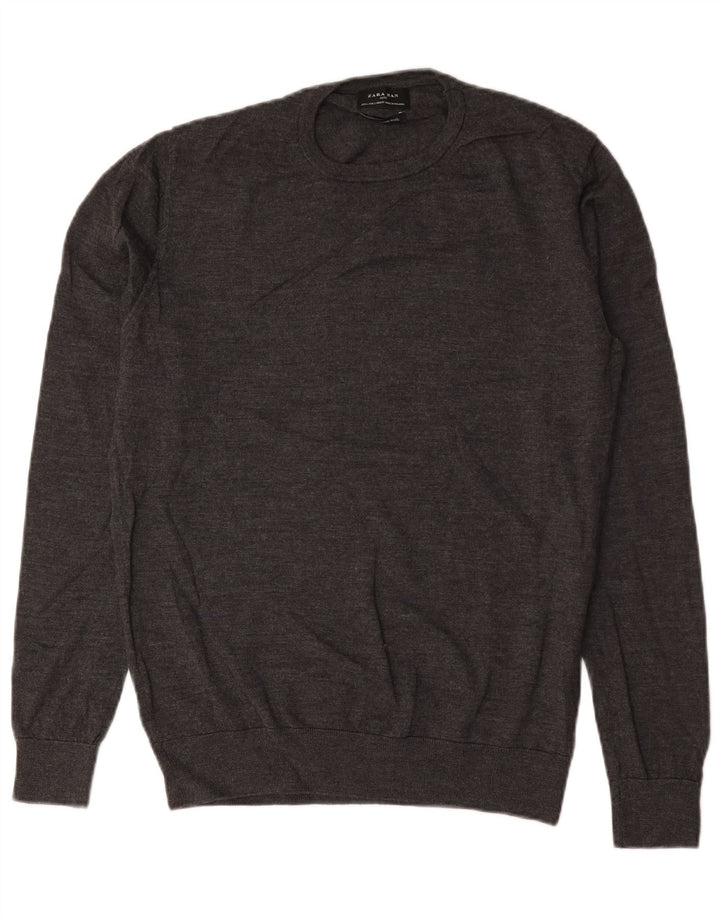 Zara Mens Crew Neck Jumper Sweater Large Grey Wool