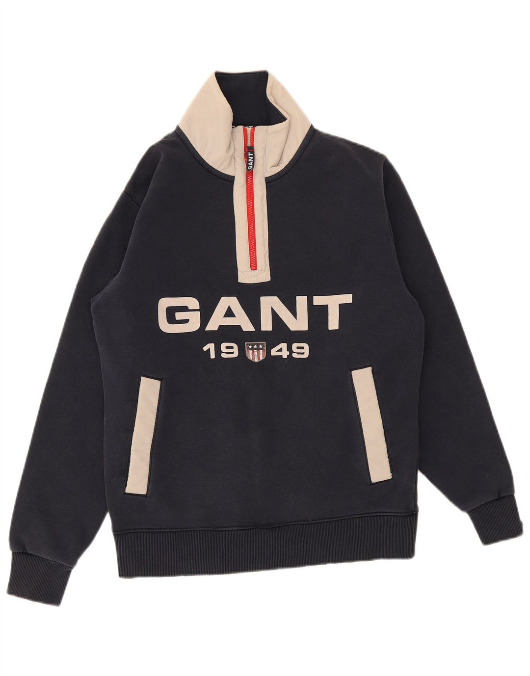 Gant Mens Graphic Zip Neck Sweatshirt Jumper Small Navy Blue Colourblock