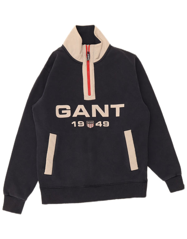 Gant Mens Graphic Zip Neck Sweatshirt Jumper Small Navy Blue Colourblock